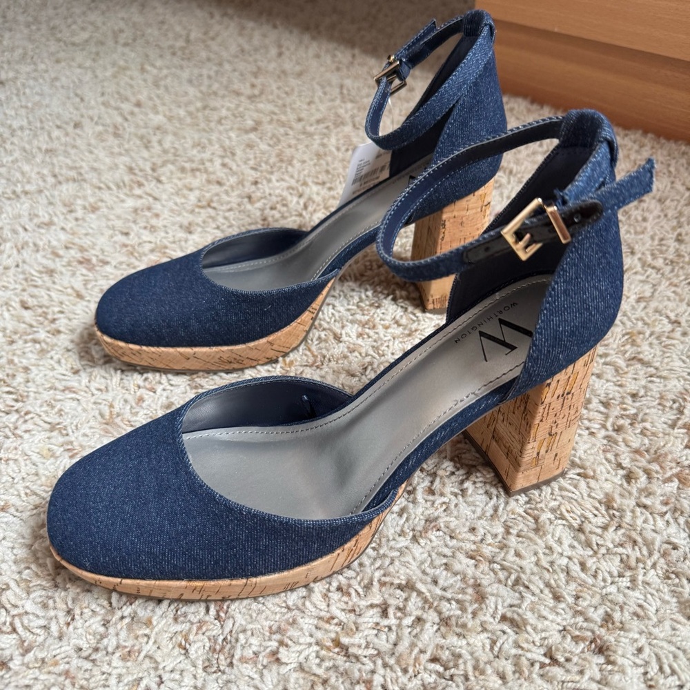 Worthington Ankle strap Platform Denim sandals Panama Block Heel Pumps size 9